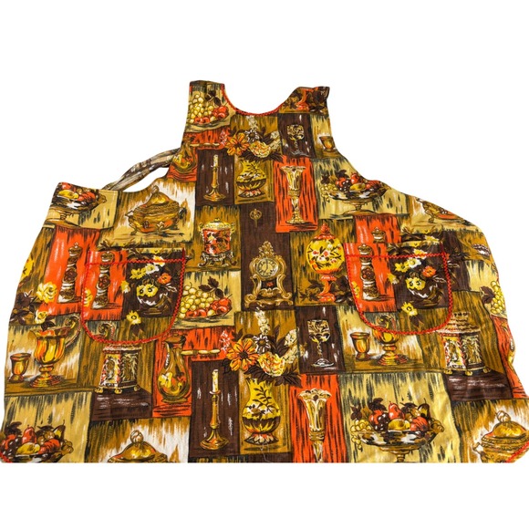 Vintage 1960s Print Kitchen Apron Decor Gold Brown Orange Mid‎ Century - Picture 2 of 3